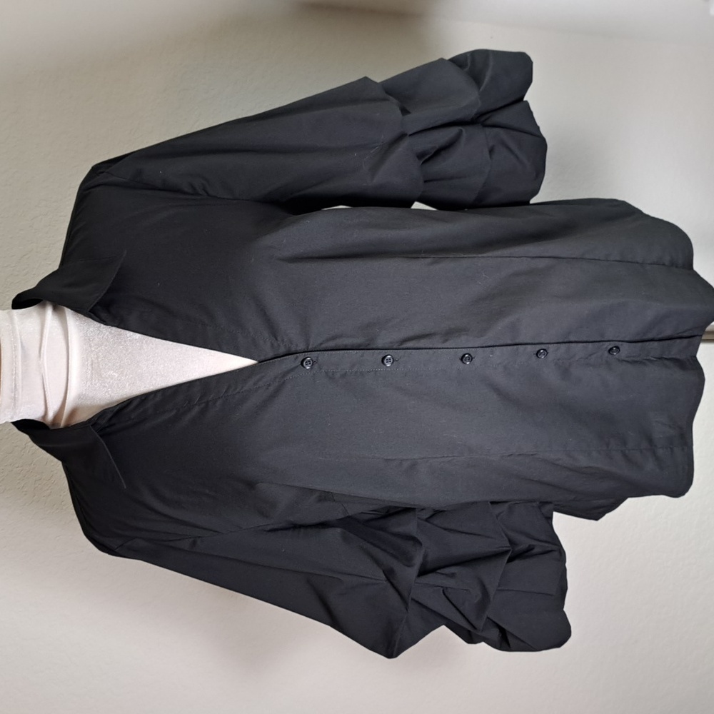 INC International Concept Black L Blouse Button Front V-Neck 3/4 Sleeve Ruffles